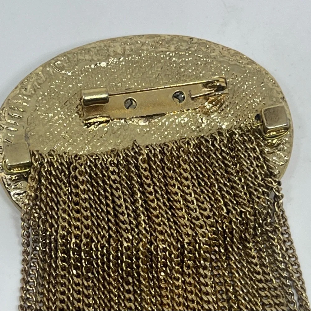 Art Deco Vintage Abalone and Brass Waterfall Jewelry Brooch w/ Gold Chain Fringe